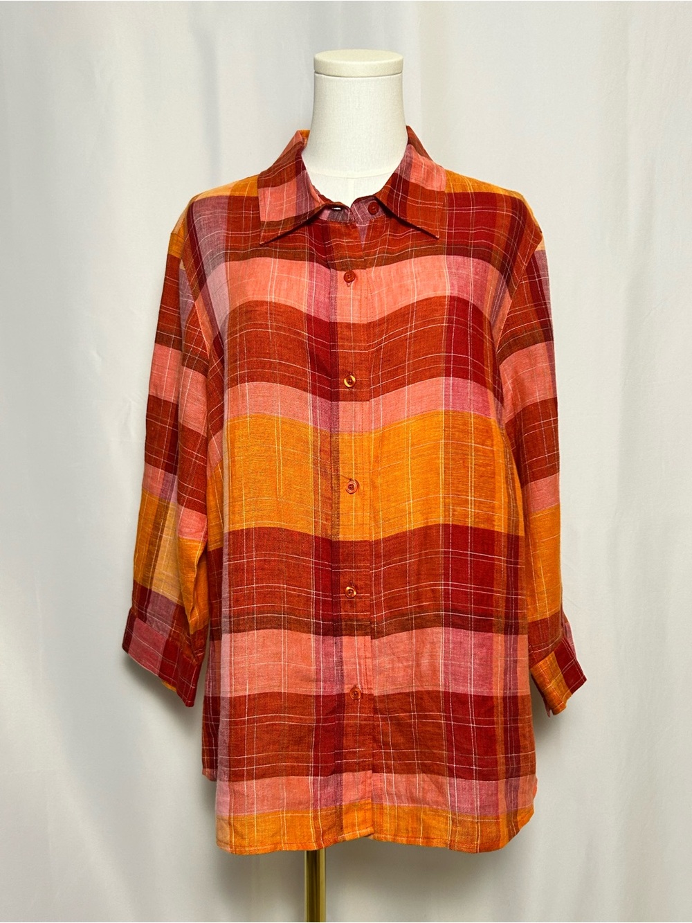 Coldwater Creek Multicolor Plaid Button-Down Shirt — Red, Pink & Orange 1X